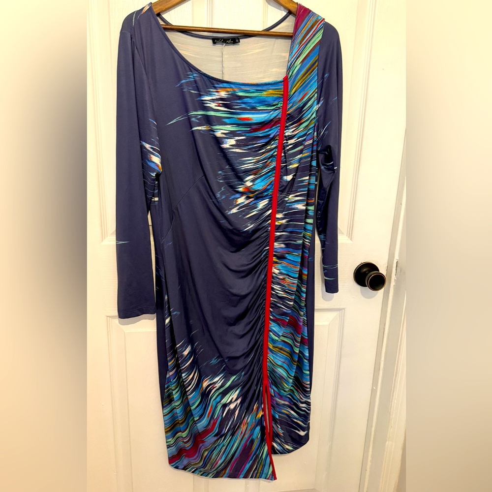 ISABEL + ALICE Women’s Navy Abstract Print Asymmetrical Neck Long Sleeve Dress